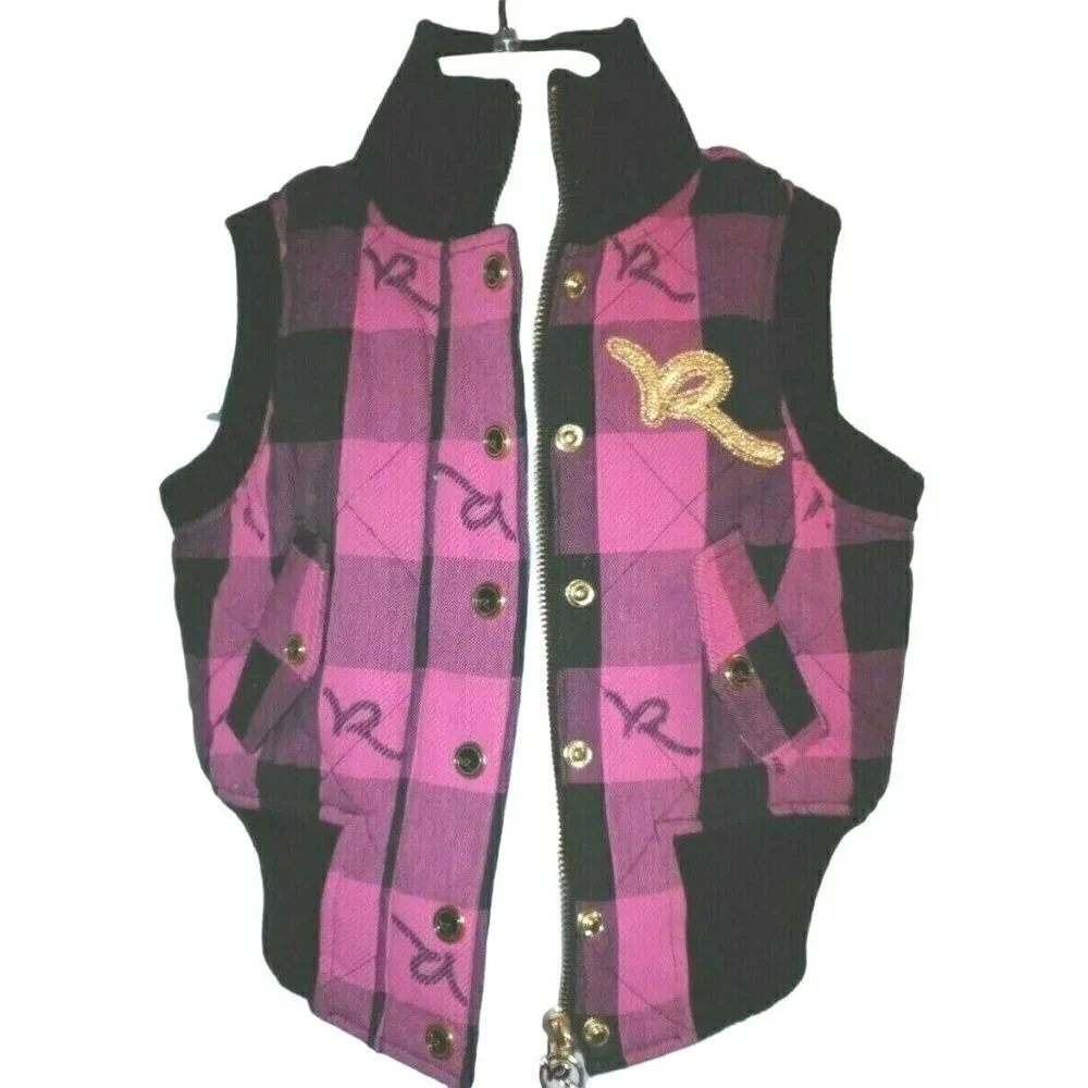 Roca Wear Girls Zip Front Quilted Vest Size 4 Pink Black Plaid